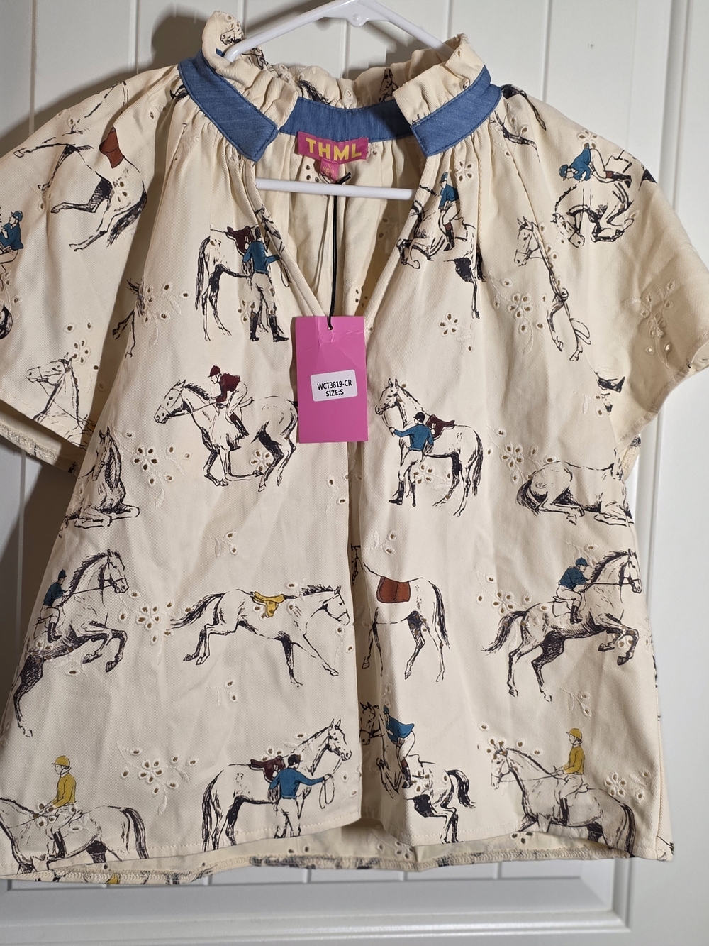 THML Cream Eyelet Horse-Print Short Sleeve Top with Blue Trim